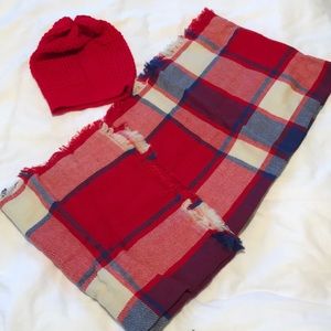 Plaid blanket scarf and red knit beanie